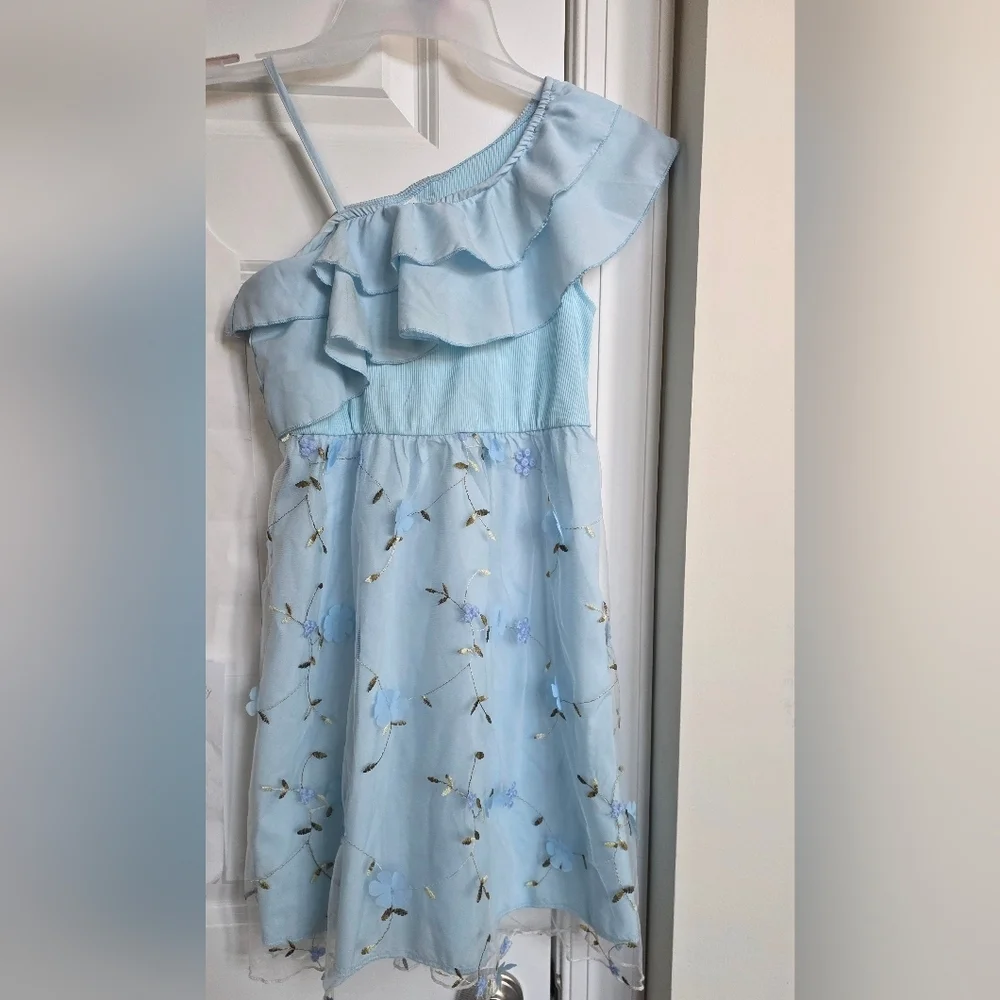 Girls Light Blue One Shoulder Ruffle Embroidered Mesh Dress 9Y